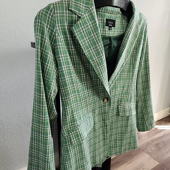 Vici Green Pink Plaid Mid Length Blazer Jacket One Button Medium - Picture 4 of 12